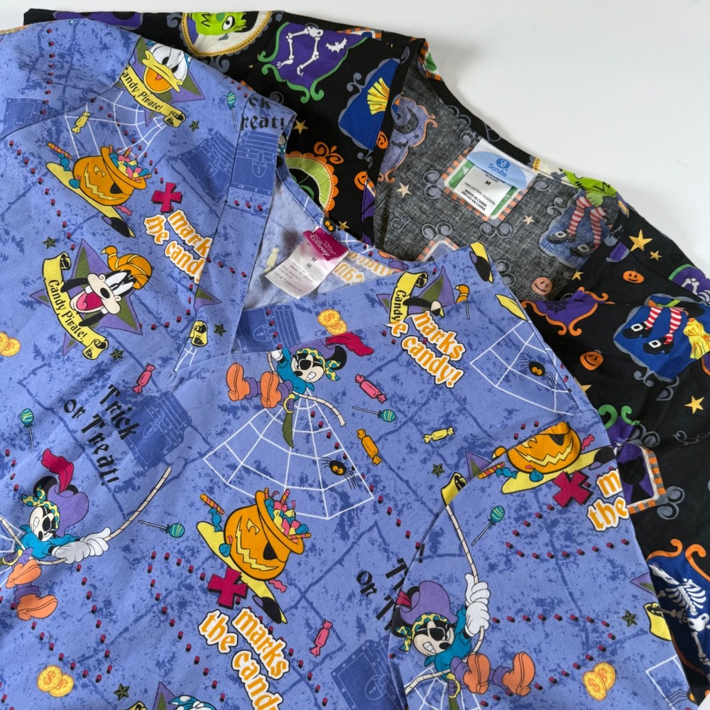 Disney & SB Scrubs Bundle of Two Halloween‎ Holiday All Over Print Tops Size Med